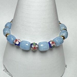 Blue dyed quartz bracelet with flower beads handmade stretchy